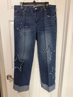 Ashley Mason Dark Blue Boyfriend Jeans with Star Appliqués